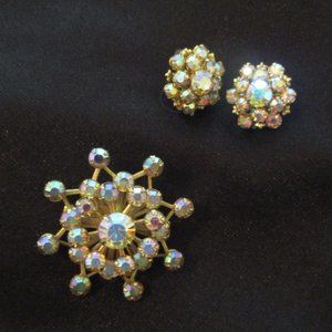 Vintage Aurora Borealis Rhinestone Brooch Earrings